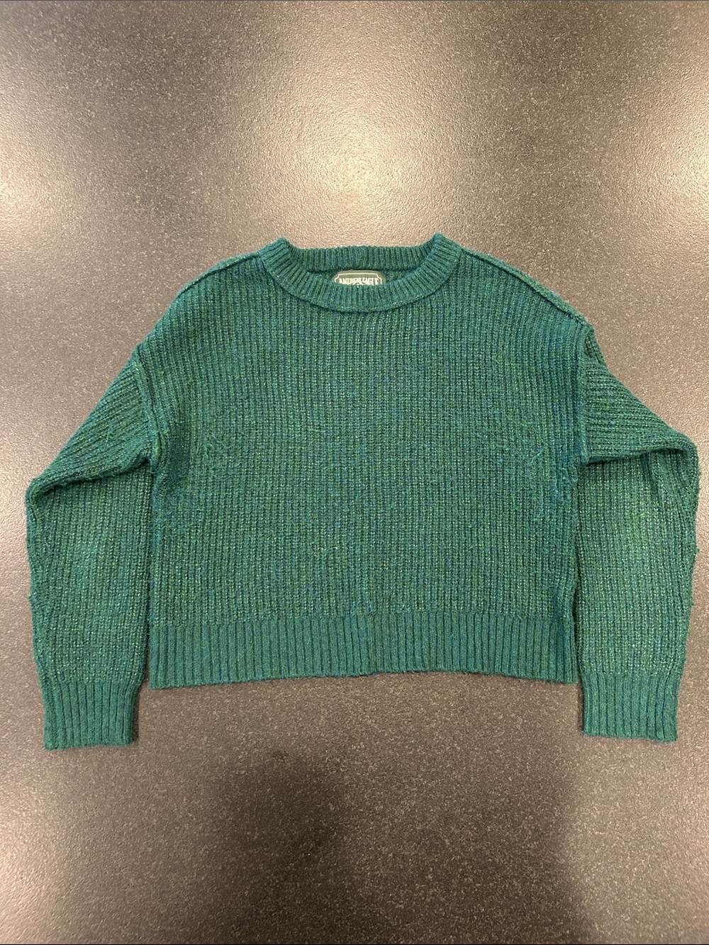 American Eagle Forest Green Cropped Ribbed Crewneck Sweater Size S